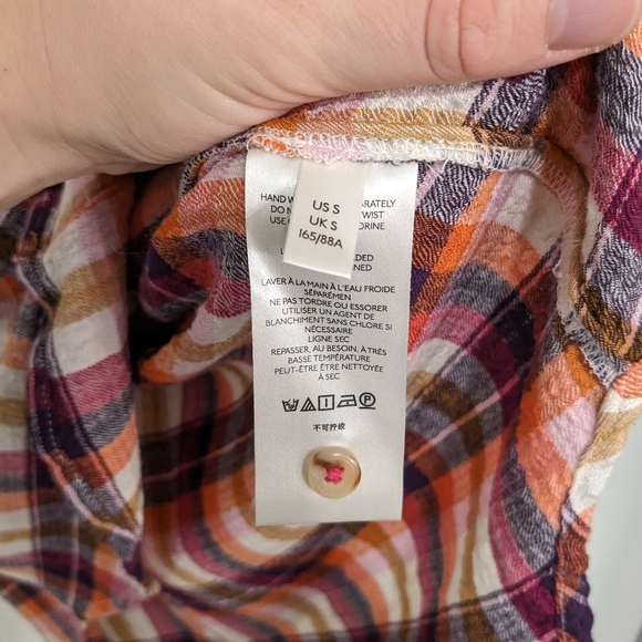 Anthropologie Pilcro Breezy Raspberry Plaid Flannel Button Up Shirt Puff Sleeve - Picture 7 of 8